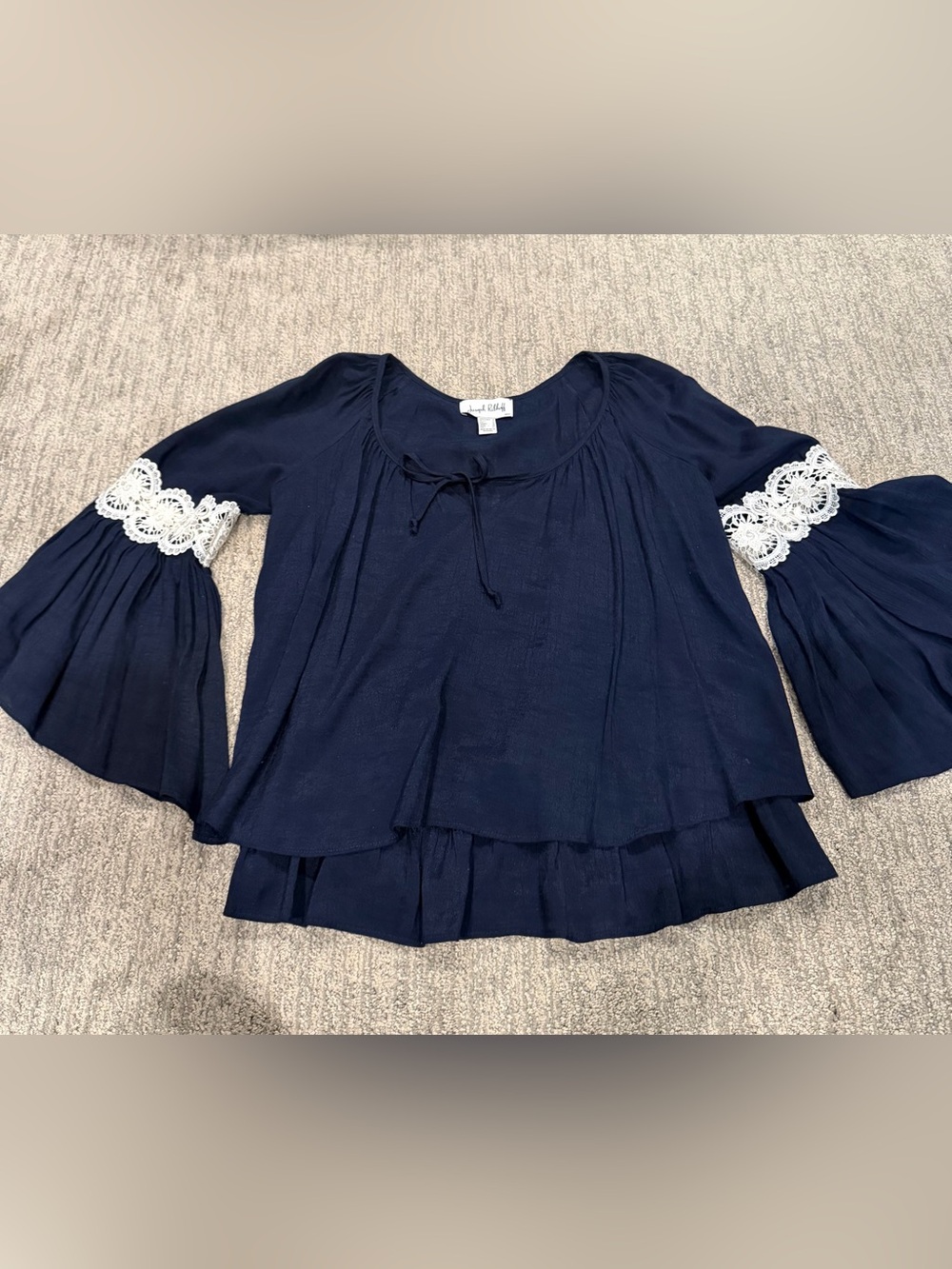 Joseph Ribkoff Navy Peasant Top with White Lace Trim